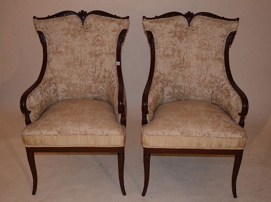 Pair carved frame arm chairs, upholstery matches above (1 of 3)