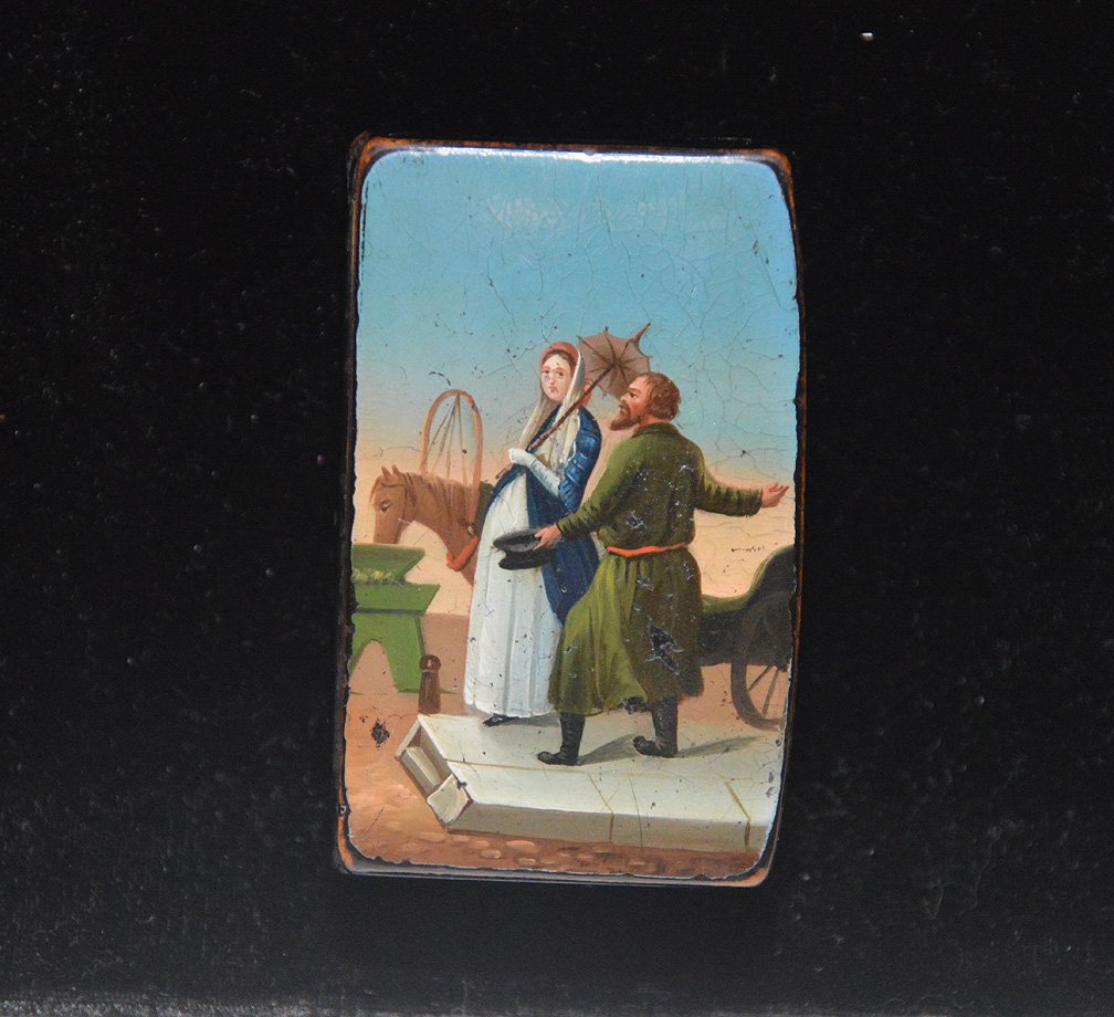 Russian antique snuff box, lacquered, Lukutin factory, (1 of 6)