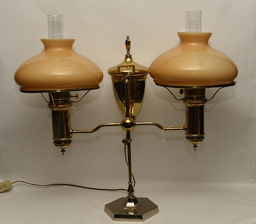 Large brass double light student lamp, 24"h x 28"w (1 of 5)