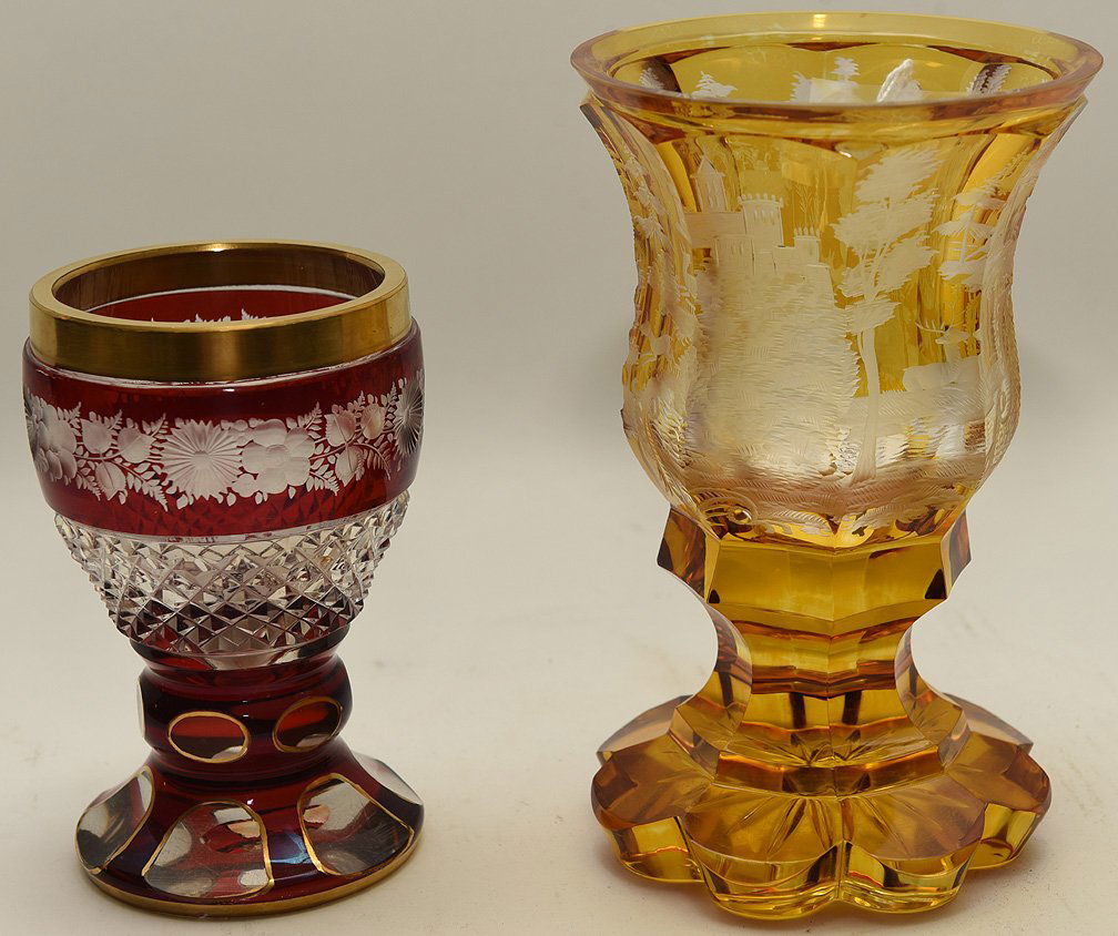 Two Bohemian Glass Goblets.  1 Amber Cut To Clear Ht. 6 (1 of 3)