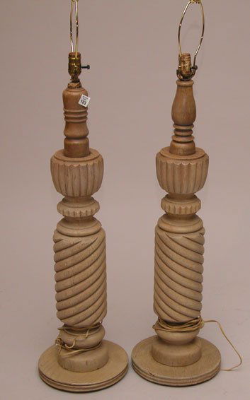 Pair of rope style turned wood column lamps on ro: Pair of rope style turned wood column lamps on round pedestal bases, 35"h without harps