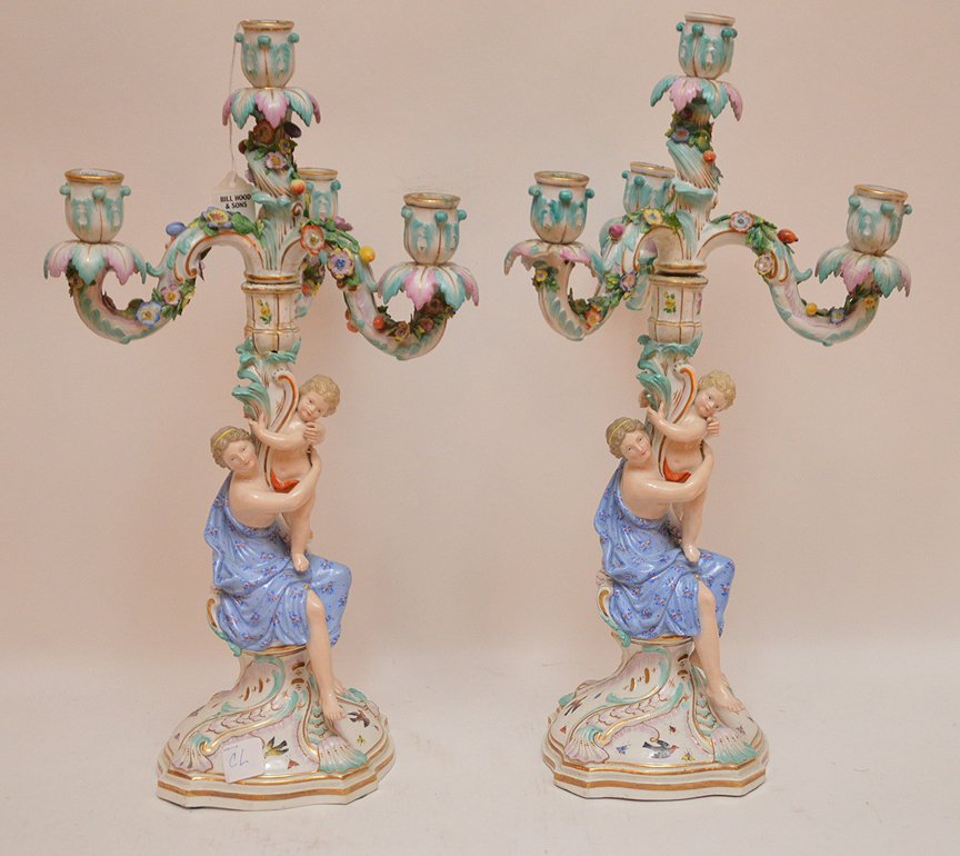 Pair Meissen Porcelain 4 Light Candelabra.  Condition: (1 of 6)