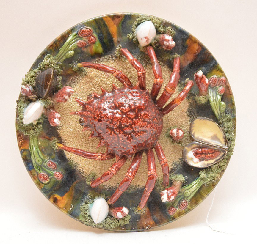 Majolica Palissy Alvaro Jose Calda De Rainha Stamped: Majolica Palissy Alvaro Jose Calda De Rainha Stamped Crab Charger. Dia. 13"