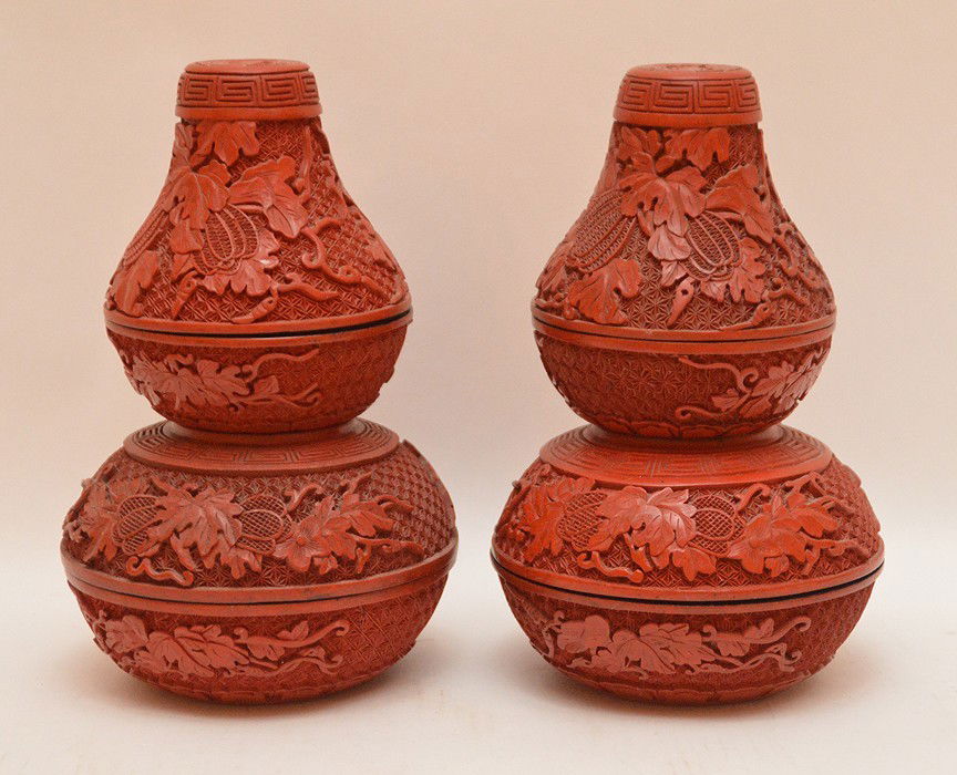 Pair cinnabar gourd form boxes consisting of 2 covered (1 of 5)