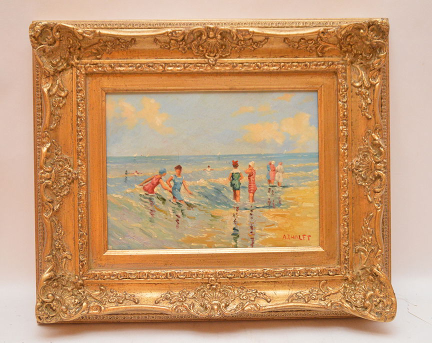 Andre Chalet (French, b. 1954) Beach Time, oil on: Andre Chalet (French, b. 1954) Beach Time, oil on board, signed A. Chalet, 9 in. x 11-1/2 inches.