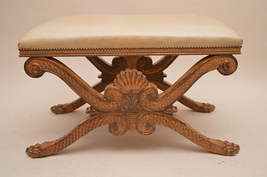 Bench, carved shell and lion paw feet base with beige (1 of 1)