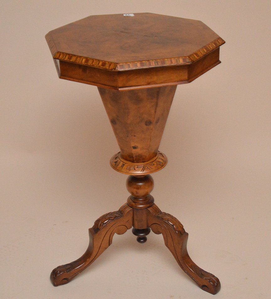 Burled wood Victorian sewing stand, octagonal form lid (1 of 4)