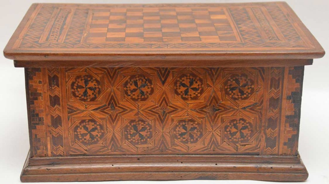 19th c. marquetry box, 6"h x 13"w x 9"d (glue repair at (1 of 7)