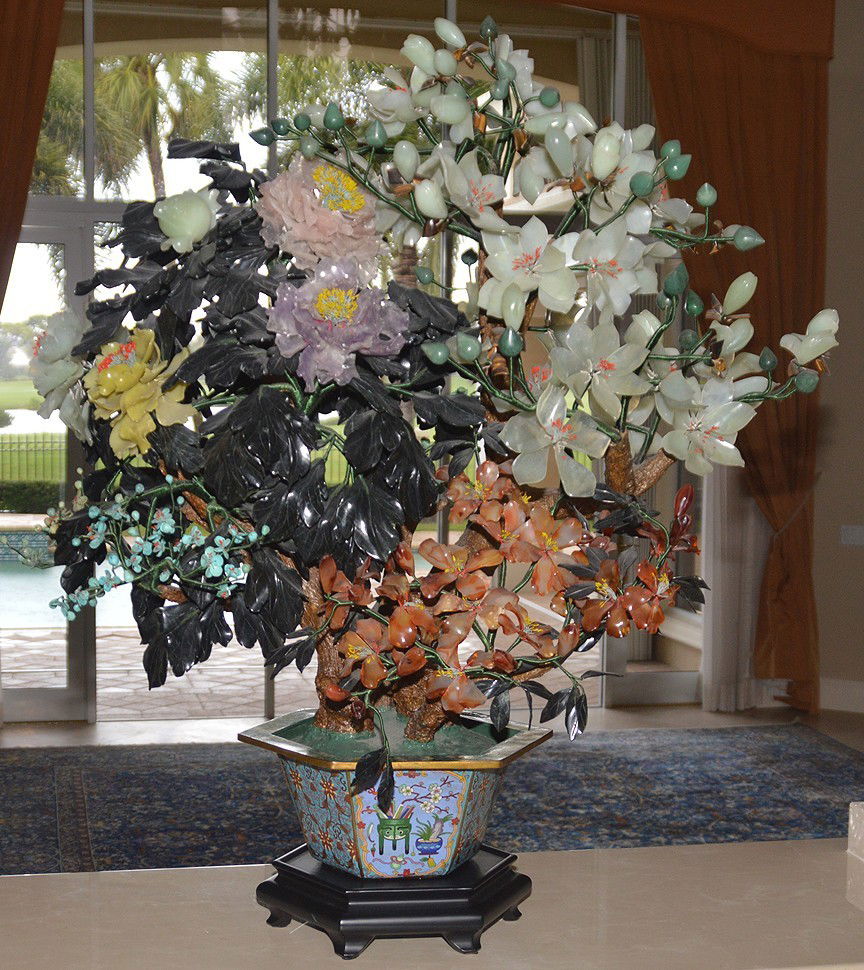 Monumental Jade Tree in cloisonné pot with wood stand. (1 of 10)