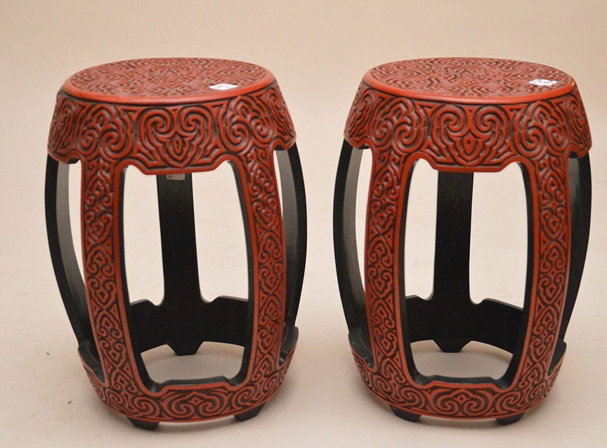 Pair Vintage Carved Cinnabar Tables. Ht. 18" Top dia.: Pair Vintage Carved Cinnabar Tables. Ht. 18" Top dia. 10"
