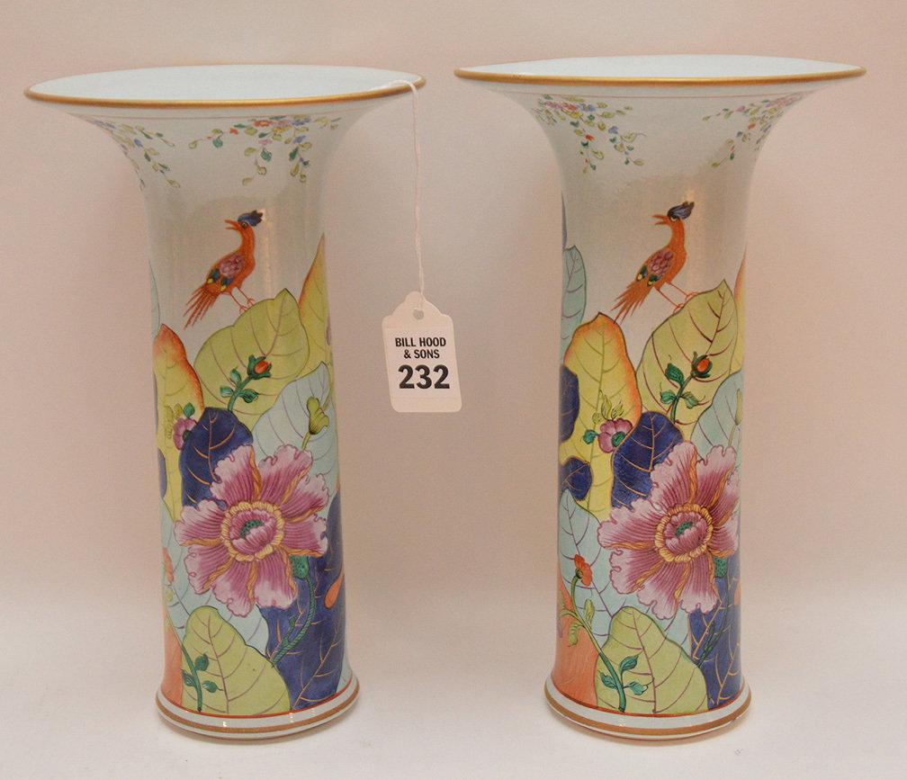 Pair Mottahedeh porcelain "Tobacco Leaf" trumpet vases,: Pair Mottahedeh porcelain "Tobacco Leaf" trumpet vases, 9 1/8"h