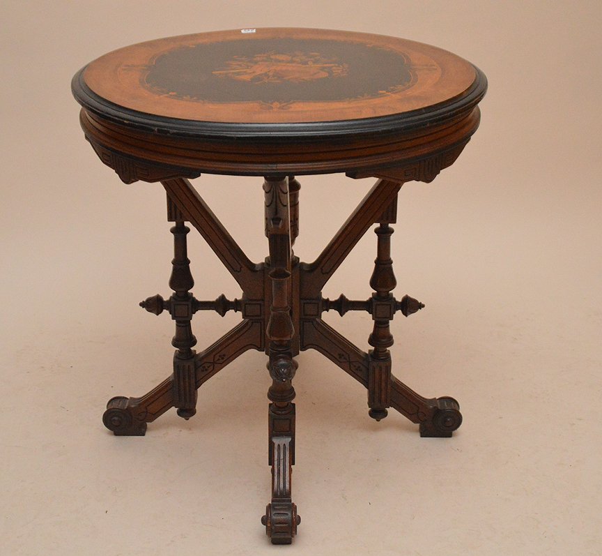 19th Century Round inlaid musical moift Table,: 19th Century Round inlaid musical moift Table, 27-1/2in. Dia. x 29in. tall