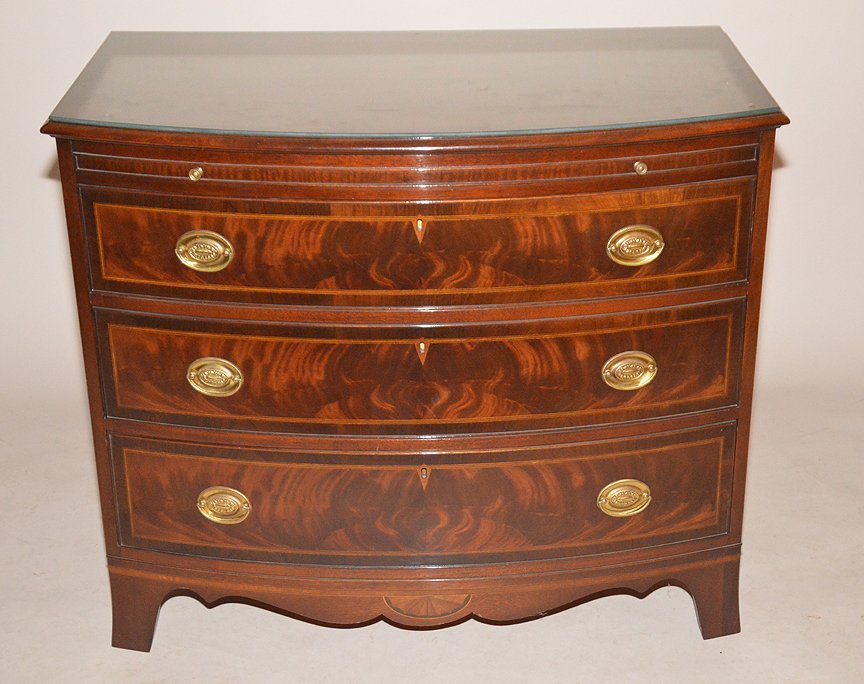 Hepplewhite 3 drawer chest with slide above fan inlay: Hepplewhite 3 drawer chest with slide above fan inlay corners and center cartouche 33x38 1/2 x22. white furniture co. glass top