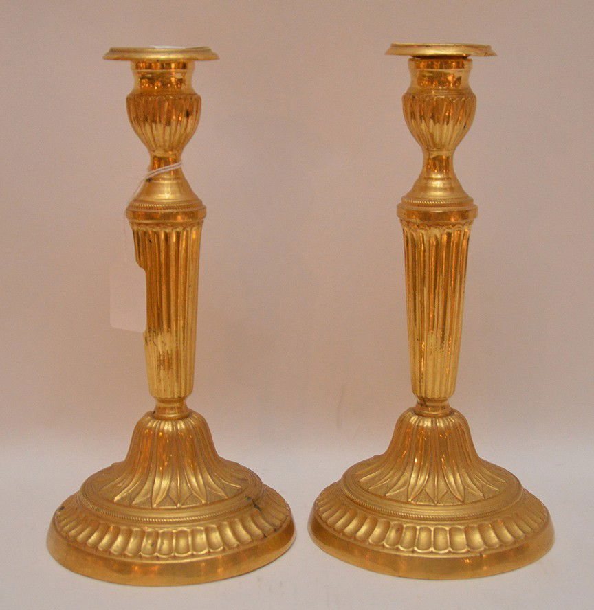 Pair Continental Gilt Bronze Candlesticks.  Ht. 11" (1 of 2)
