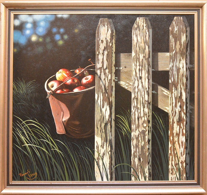 Thomas Kerry (AMERICAN/BRITISH, 20th Century) oil on: Thomas Kerry (AMERICAN/BRITISH, 20th Century) oil on canvas, Modern Still Life of a fence with a bucket of apples hanging off the side, canvas is 30in. x 32in.