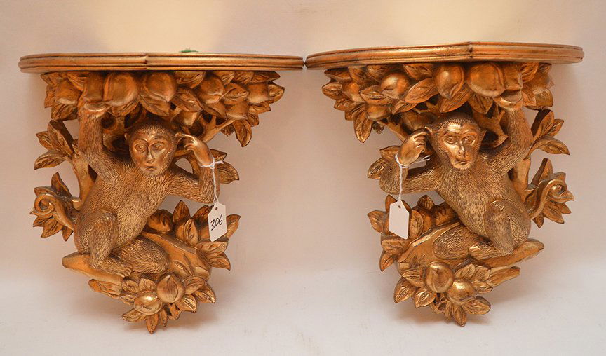 Pair Composition Gilt Figural Money Brackets.  14" x 12 (1 of 4)