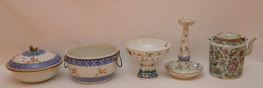 5 Pieces Chinese Porcelain.  Candlestick Ht. 8 1/2", (1 of 5)