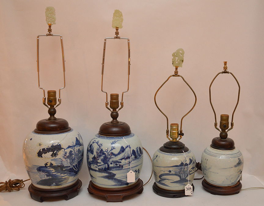 4 Chinese Porcelain Blue & White Ginger Jar Lamps. (1 of 8)