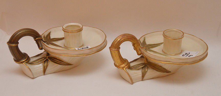 Pair Royal Worcester candlesticks, 3"h x 5 3/4"w (1 of 3)