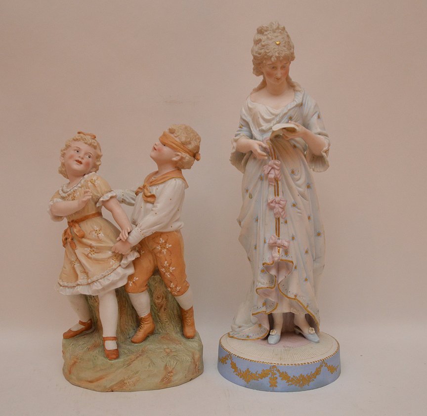 2 bisque figures, children playing & woman, 13"h  & 18 (1 of 4)