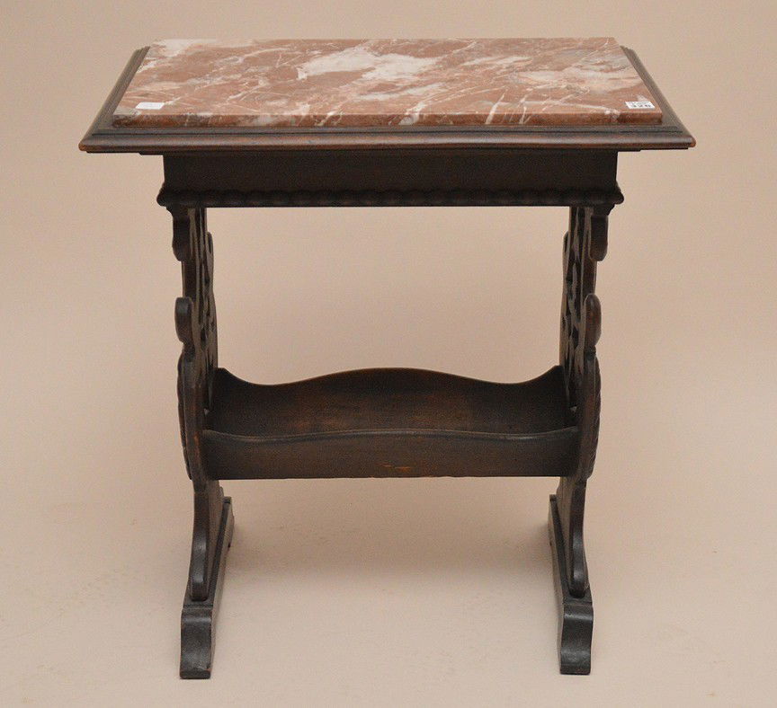 Marble top trestle style end table with book rack (1 of 3)