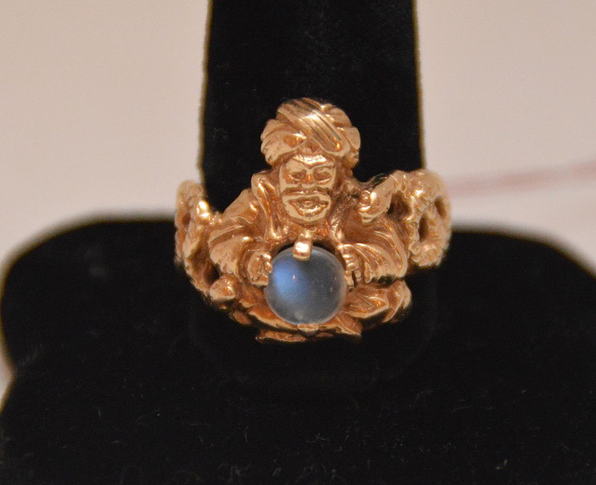Gold ring with magician and moonstone, 14kt (magic (1 of 2)