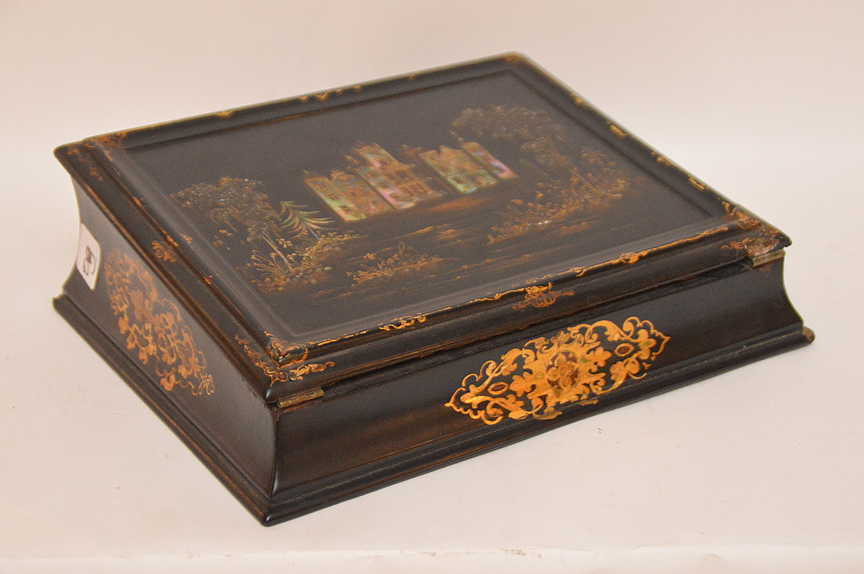 Antique Black Lacquer Lap Desk Inlaid With Mother Of - Antique Black Lacquer Lap Desk Inlaid With Mother Of