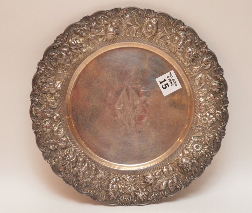 Stieff Sterling Plate with repousse floral rim.  Dia. (1 of 3)
