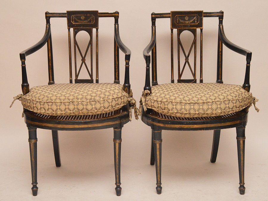 Pair painted black Adams style arm chairs with cushions (1 of 4)