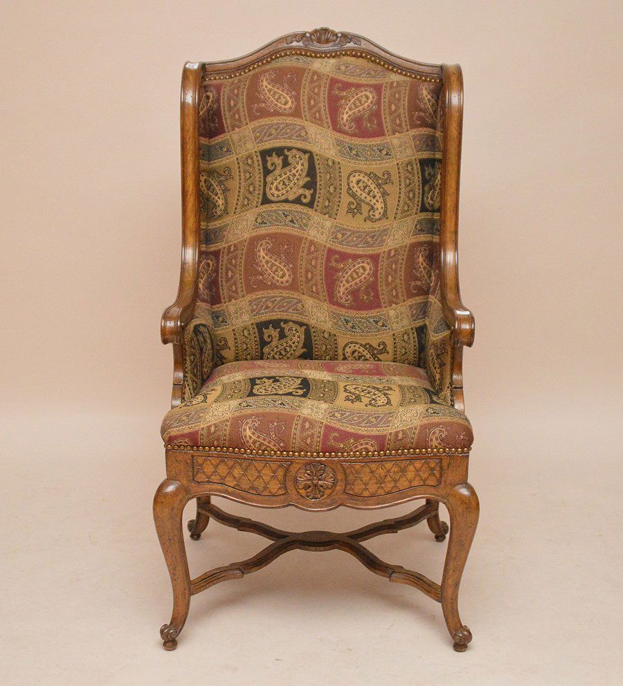 Oak wingback chair, paisley upholstery: Oak wingback chair, paisley upholstery