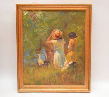 Dorothea Sharp  (United Kingdom 1874 - 1955) oil on: Dorothea Sharp (United Kingdom 1874 - 1955) oil on canvas, 2 young girls watching ducks, 12inches x 10inches