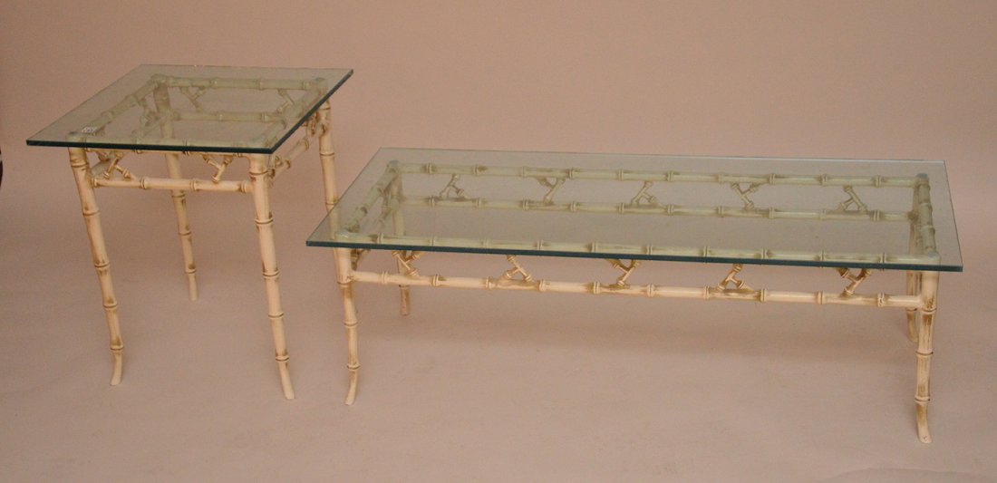 Phyllis Morris 2 pieces faux bamboo Metal end table and: Phyllis Morris 2 pieces faux bamboo Metal end table and coffee table with glass tops, unsigned