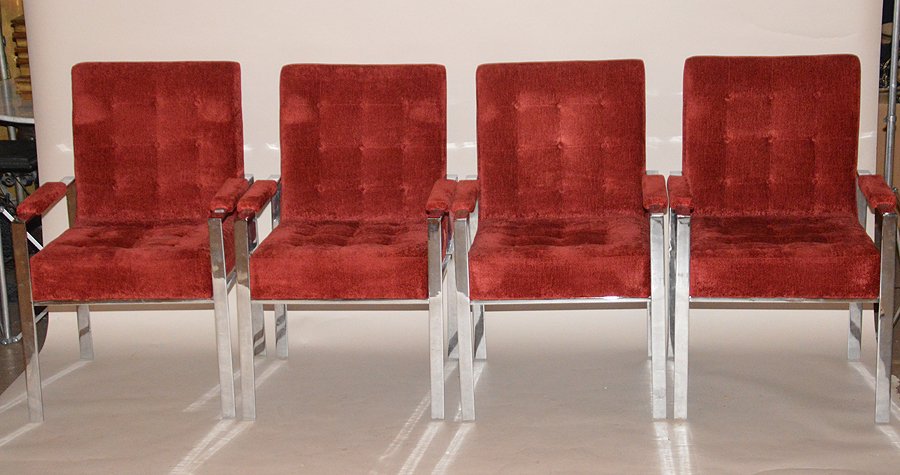 4 Mid Century Modern Milo Baughman red color velour: 4 Mid Century Modern Milo Baughman red color velour steel arm chairs, no apparent markings, 37"h x 23 1/2"w