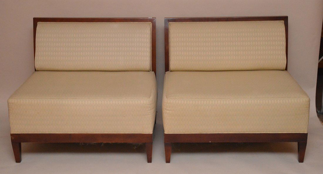 Pair matching settees, Baker labels, upholstered (1 of 5)