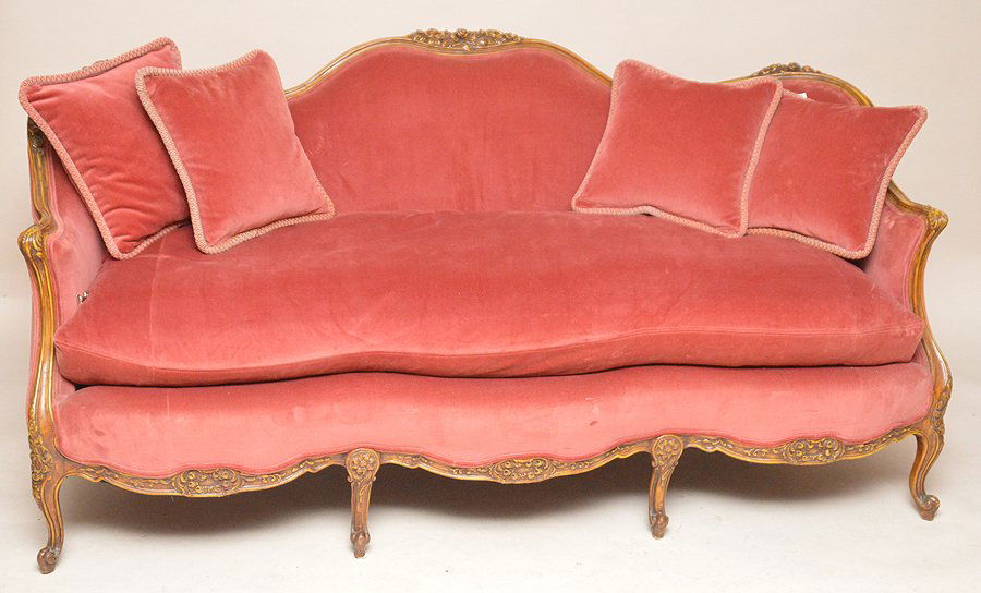 French Provincial sofa, rose color velour upholstery, (1 of 5)
