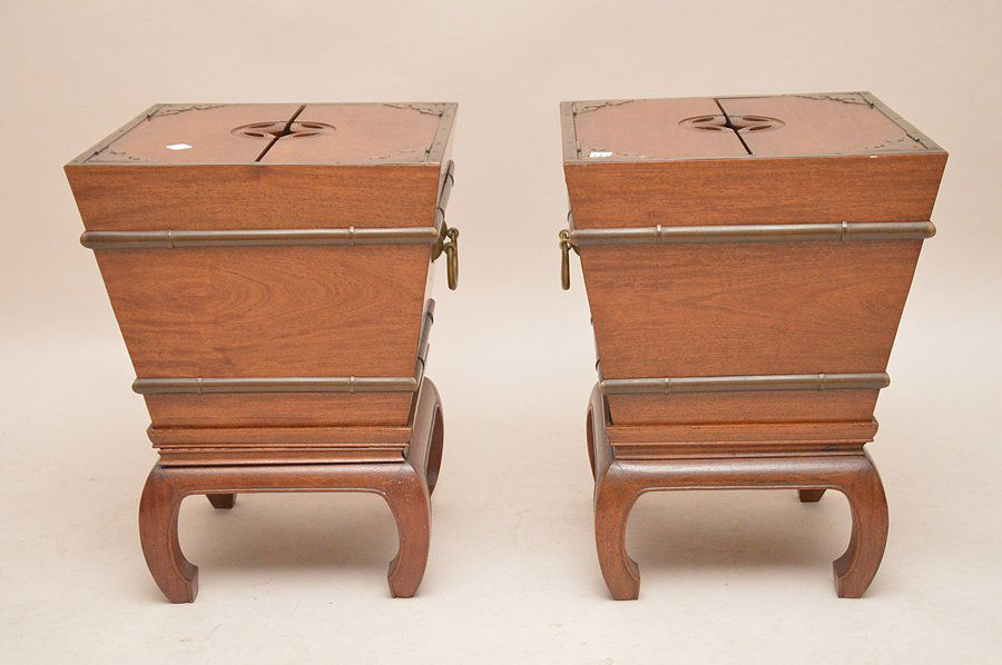 Asian 2 piece end tables, 2 hinged panels reveal tin (1 of 6)