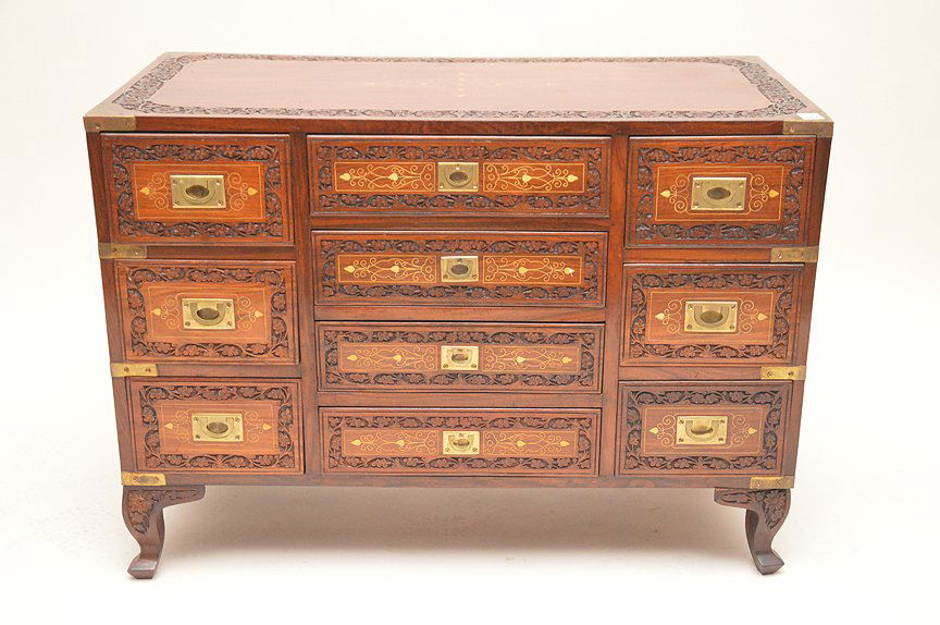 Carved and brass inlay chest with 10 campaign style (1 of 6)