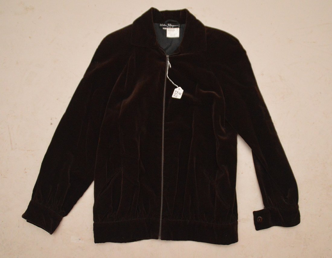 Fine Salvatore Ferragamo Silk Velvet Fall & Spring: Fine Salvatore Ferragamo Silk Velvet Fall & Spring Jacket, Made in Firenze, Italy. Nice rich brown mink color in fine condition, size small, shoulder to shoulder 17", under arm to under arm 20", inner