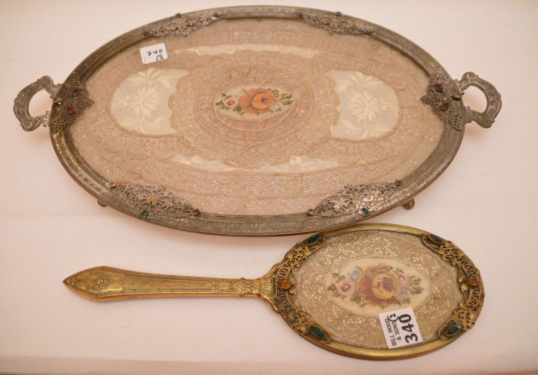 Austrian footed jeweled tray and hand mirror: Austrian footed jeweled tray and hand mirror