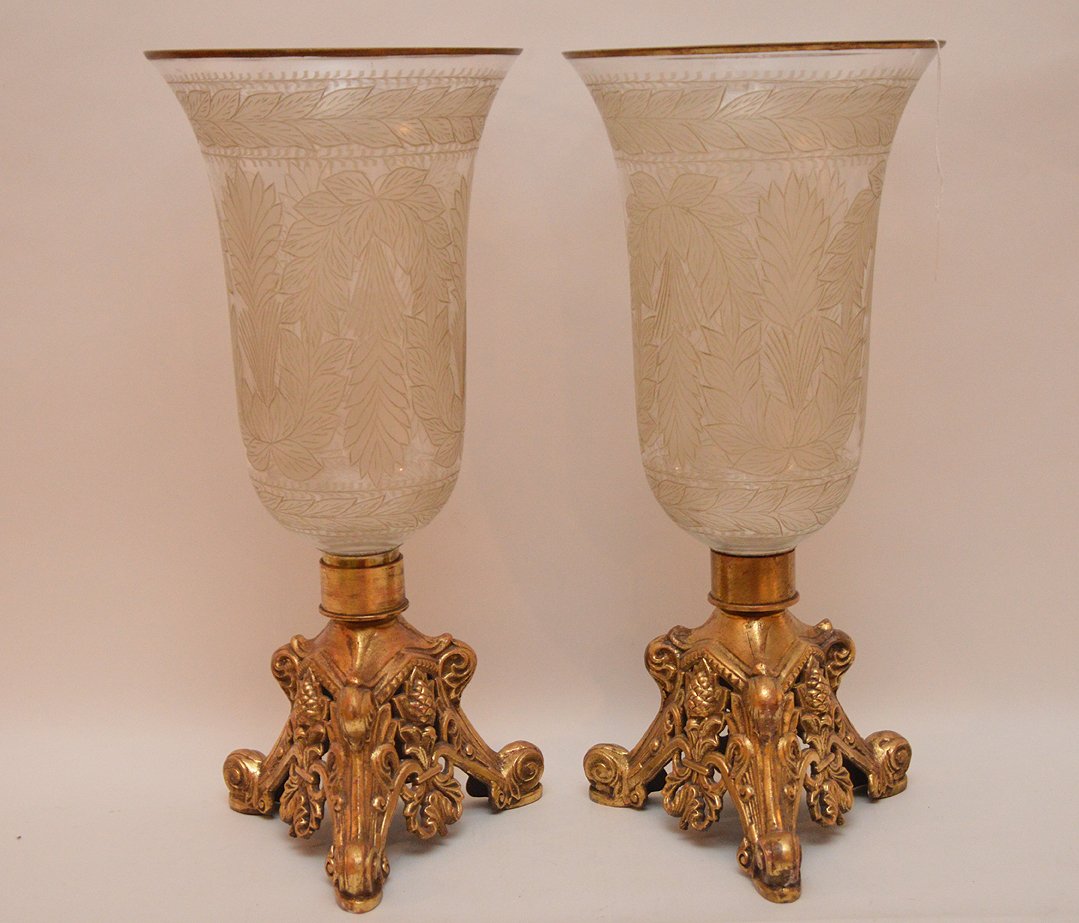 Pair Gilt Metal & Etched Glass Hurricane Lamps.  Ht. 18 (1 of 3)