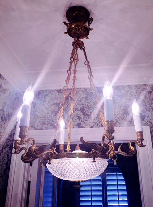 French Bronze & Glass 6 Light Fixture with figural swan (1 of 3)