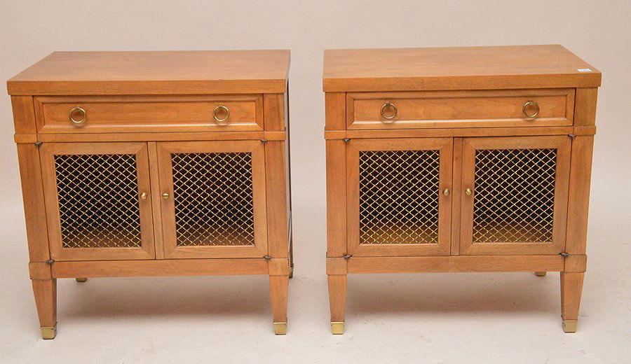 Pair light mahogany end tables with grid doors and (1 of 3)