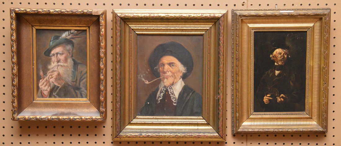 3 Antique paintings of old gentleman smoking, o/b 11 x (1 of 9)