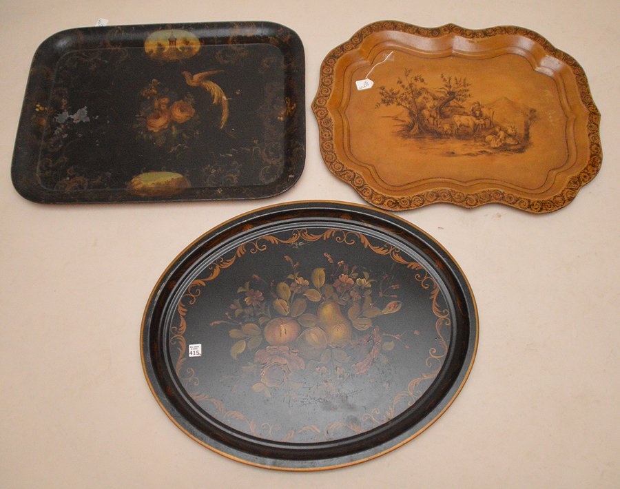 Lot 3 Vintage Tole Trays.  1 Oval black with fruit (1 of 4)