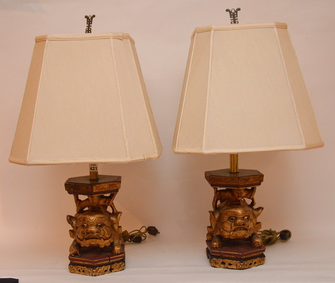 Pair giltwood foo dog lamps, 9"h (one crack) (1 of 6)