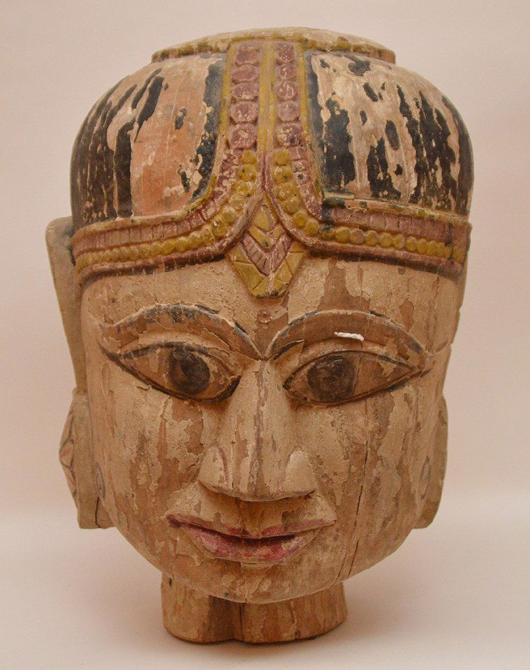 Painted Wood Buddha Head.  The paint is flaking off. (1 of 4)