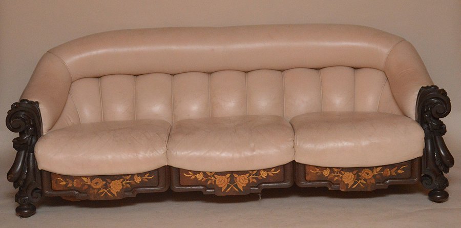 Victorian Carved & Inlaid Sofa with leather upholstery. (1 of 6)