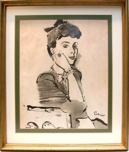 Carl Oscar August Erickson, American 1891-1958, li: Carl Oscar August Erickson, American 1891-1958, listed fashion illustrator, ink wash, "Portrait", 14" x 11"