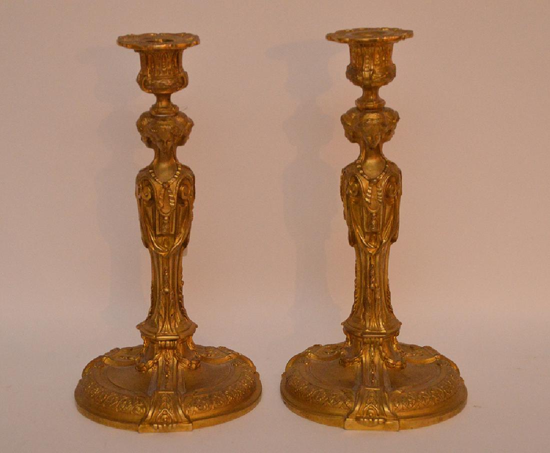 Pair Continental Gilt Bronze Figural Candlesticks.  Ht. (1 of 4)