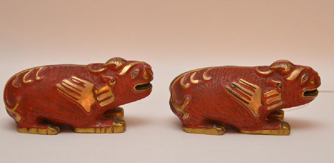 Pair Chinese Bronze & Cinnabar Foo Lions.  Condition: (1 of 4)